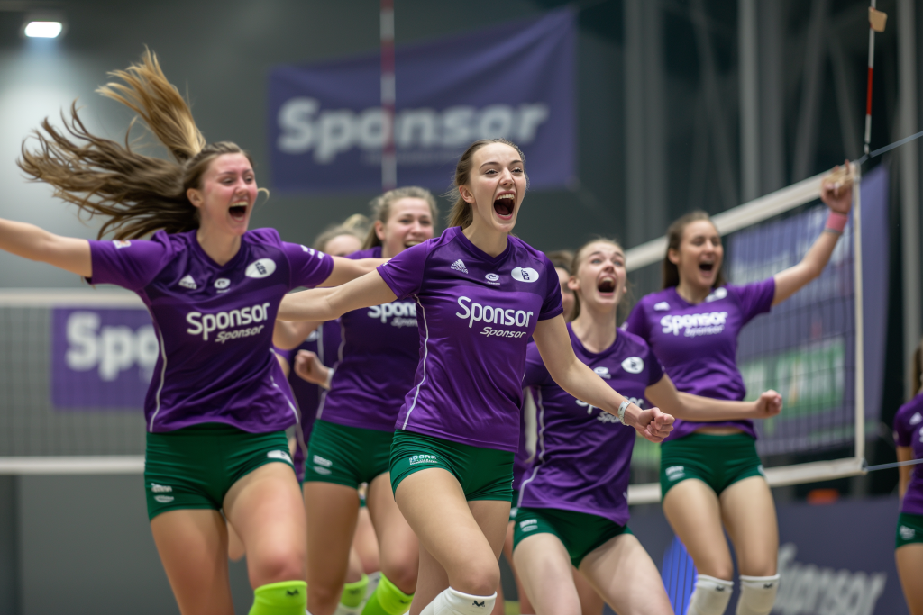 Volleyballers vieren de overwinning in een gesponsord t-shirt